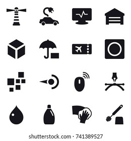 16 vector icon set : lighthouse, electric car, garage, 3d, ticket, ring button, drop, cleanser, wiping, toilet brush