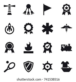 16 vector icon set : lighthouse, share, flag, medal, rocket, train, tennis, shield, handwheel, handle washing