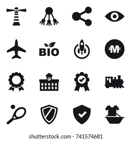 16 vector icon set : lighthouse, share, eye, plane, bio, rocket, crypto currency, medal, university, train, tennis, shield, handle washing