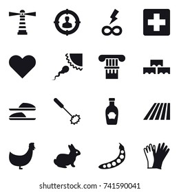16 vector icon set : lighthouse, target audience, infinity power, column, block wall, slippers, whisk, field, chicken, rabbit, peas, gloves