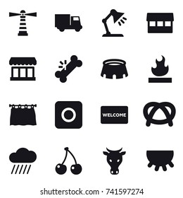 16 vector icon set : lighthouse, truck, table lamp, market, stadium, curtain, ring button, welcome mat, rain cloud, cherry, cow, udder