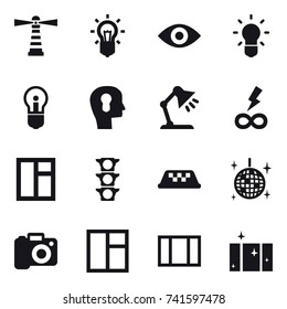 16 vector icon set : lighthouse, bulb, eye, bulb head, table lamp, infinity power, window, taxi, disco ball, camera, clean  window