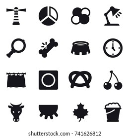 16 vector icon set : lighthouse, diagram, atom core, table lamp, magnifier, stadium, watch, curtain, ring button, cherry, cow, udder, maple leaf, foam bucket