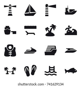16 vector icon set : lighthouse, boat, lounger, island, surfer, life vest, jet ski, cruise ship, yacht, palm hammock, flip-flops, pool, fish