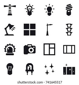 16 vector icon set : lighthouse, bulb, table lamp, window, outdoor light, camera, shining, clean  window