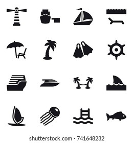 16 Vector Icon Set : Lighthouse, Sail Boat, Lounger, Palm, Flippers, Hand Wheel, Cruise Ship, Yacht, Palm Hammock, Shark Fin, Windsurfing, Jellyfish, Pool, Fish