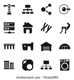 16 vector icon set : lighthouse, hierarchy, molecule, cell corection, server, home, greate wall, bridge, slum, garage, hangare, district, washing machine