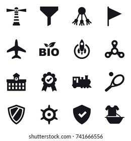 16 vector icon set : lighthouse, funnel, share, flag, plane, bio, rocket, spinner, university, train, tennis, shield, handwheel, handle washing