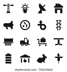 16 vector icon set : lighthouse, bulb, satellite antenna, home, megafon, baggage trolley, table, warehouse, rabbit, scarecrow