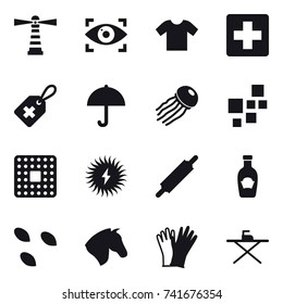 16 vector icon set : lighthouse, eye identity, t-shirt, jellyfish, rolling pin, seeds, horse, gloves, iron board