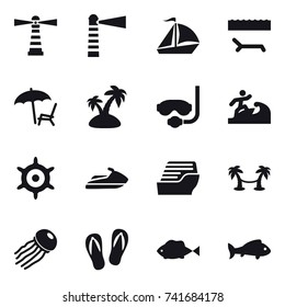 16 vector icon set : lighthouse, sail boat, lounger, island, diving mask, surfer, handwheel, jet ski, cruise ship, palm hammock, jellyfish, flip-flops, fish