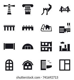 16 vector icon set : lighthouse, column, greate wall, bridge, project, mall, fence, hangare, modular house, city, arch window, house, hotel, window
