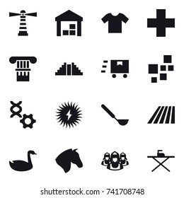 16 vector icon set : lighthouse, warehouse, t-shirt, column, pyramid, ladle, field, goose, horse, outsource, iron board