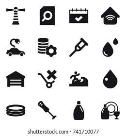 16 vector icon set : lighthouse, search document, calendar, wireless home, electric car, virtual mining, garage, surfer, drop, inflatable pool, cleanser, dish cleanser