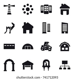16 vector icon set : lighthouse, round around, server, home, greate wall, skyscrapers, skyscraper, bunker, hangare, modern architecture, house, arch, garage, hierarchy