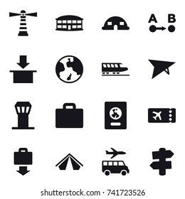 16 vector icon set : lighthouse, airport building, dome house, earth, train, deltaplane, airport tower, suitcase iocn, passport, ticket, baggage get, tent, transfer, signpost