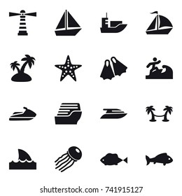 16 vector icon set : lighthouse, boat, sail boat, island, starfish, flippers, surfer, jet ski, cruise ship, yacht, palm hammock, shark flipper, jellyfish, fish