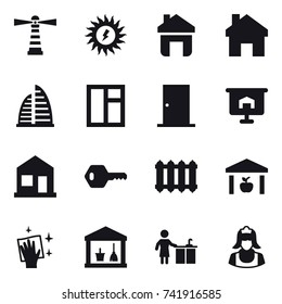 16 vector icon set : lighthouse, sun power, home, skyscraper, window, door, presentation, key, radiator, warehouse, wiping, utility room, kitchen cleaning, cleaner
