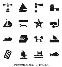 16 vector icon set : lighthouse, boat, sail boat, lounger, starfish, diving mask, jet ski, cruise ship, palm hammock, shark flipper, inflatable mattress, windsurfing, pool, fish