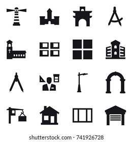 16 vector icon set : lighthouse, castle, arch, draw compass, church, panel house, window, building, drawing compass, architector, outdoor light, home, garage