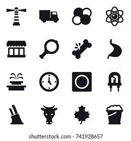 16 vector icon set : lighthouse, truck, atom core, atom, market, magnifier, fountain, watch, ring button, knife holder, cow, maple leaf, foam bucket