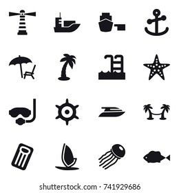 16 vector icon set : lighthouse, lounger, palm, pool, starfish, diving mask, handwheel, yacht, palm hammock, inflatable mattress, windsurfing, jellyfish