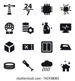 16 vector icon set : lighthouse, 24/7, chip, notebook globe, virtual mining, cleanser, 3d, ticket, power switch, iron, inflatable pool, rain cloud, house cleaning