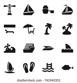 16 vector icon set : lighthouse, boat, sail boat, lounger, palm, island, surfer, cruise ship, yacht, shark flipper, windsurfing, flip-flops, pool