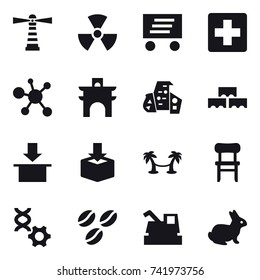 16 vector icon set : lighthouse, nuclear, delivery, arch, modern architecture, block wall, palm hammock, chair, coffee seeds, harvester, rabbit