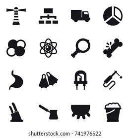 16 vector icon set : lighthouse, hierarchy, truck, diagram, atom core, atom, magnifier, flippers, knife holder, turk, udder, foam bucket