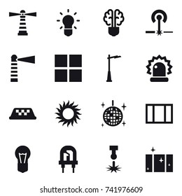 16 vector icon set : lighthouse, bulb, bulb brain, laser, window, outdoor light, taxi, sun, disco ball, clean  window