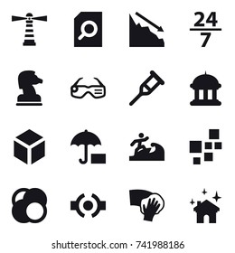 16 vector icon set : lighthouse, search document, crisis, 24/7, chess horse, smart glasses, goverment house, 3d, surfer, wiping, house cleaning