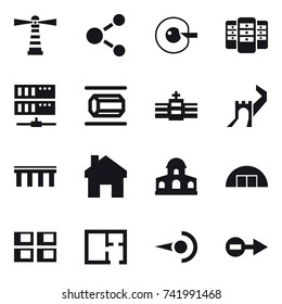 16 vector icon set : lighthouse, molecule, cell corection, server, nanotube, greate wall, bridge, home, mansion, hangare, panel house, plan