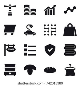 16 vector icon set : lighthouse, coin stack, diagram, graph, delivery, electric car, chip, shopping bag, store signboard, list, towel, mushroom, bread, hanger