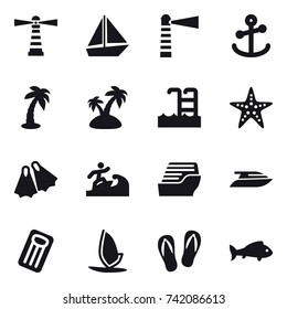 16 vector icon set : lighthouse, boat, palm, island, pool, starfish, flippers, surfer, cruise ship, yacht, inflatable mattress, windsurfing, flip-flops, fish