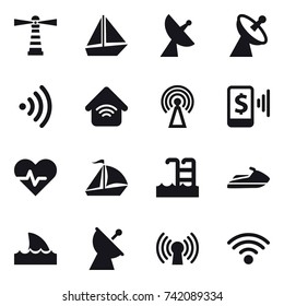 16 vector icon set : lighthouse, boat, satellite antenna, wireless, wireless home, antenna, mobile pay, sail boat, pool, jet ski, shark flipper