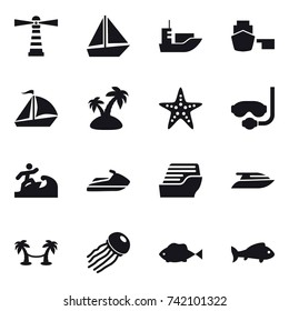 16 vector icon set : lighthouse, boat, sail boat, island, starfish, diving mask, surfer, jet ski, cruise ship, yacht, palm hammock, jellyfish, fish