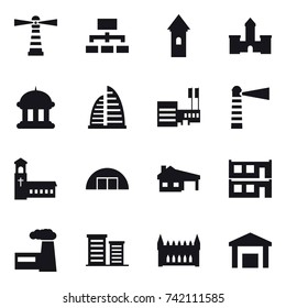 16 vector icon set : lighthouse, hierarchy, tower, castle, government house, skyscraper, mall, church, hangar, house with garage, modular house, factory, district, gothic architecture