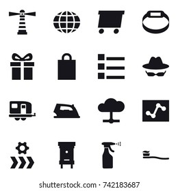16 vector icon set : lighthouse, globe, delivery, smart bracelet, gift, shopping bag, list, trailer, iron, hive, sprayer, tooth brush