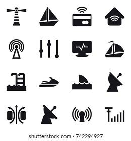 16 vector icon set : lighthouse, boat, tap to pay, wireless home, antenna, equalizer, sail boat, pool, jet ski, shark flipper, satellite antenna
