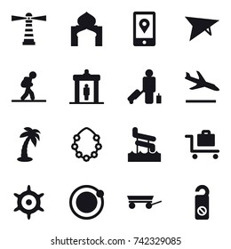 16 vector icon set : lighthouse, minaret, deltaplane, tourist, detector, passenger, arrival, palm, hawaiian wreath, aquapark, baggage trolley, handwheel, trailer, do not distrub