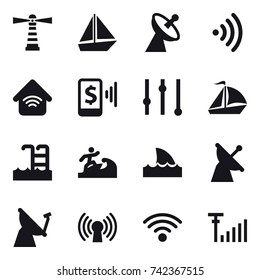 16 vector icon set : lighthouse, boat, satellite antenna, wireless, wireless home, mobile pay, equalizer, sail boat, pool, surfer, shark flipper