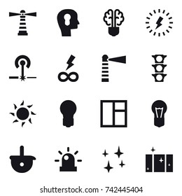16 vector icon set : lighthouse, bulb head, bulb brain, lightning, laser, infinity power, sun, bulb, window, shining, clean  window