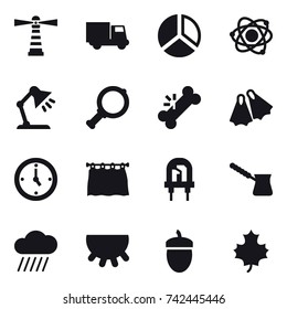 16 vector icon set : lighthouse, truck, diagram, atom, table lamp, magnifier, flippers, watch, curtain, turk, rain cloud, udder, acorn, maple leaf