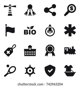 16 vector icon set : lighthouse, share, dollar magnifier, flag, bio, rocket, university, medal, train, tennis, handwheel, handle washing