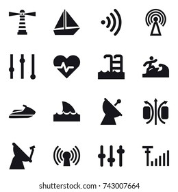 16 vector icon set : lighthouse, boat, wireless, antenna, equalizer, pool, surfer, jet ski, shark flipper, satellite antenna