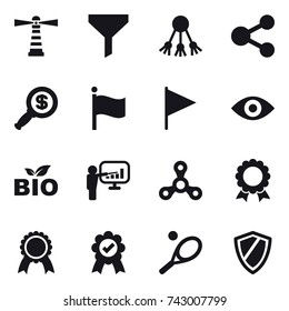 16 vector icon set : lighthouse, funnel, share, dollar magnifier, flag, eye, bio, presentation, spinner, medal, tennis, shield