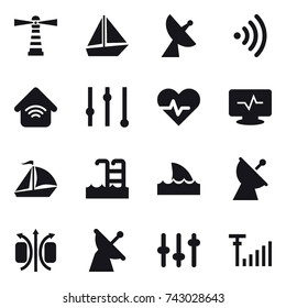 16 vector icon set : lighthouse, boat, satellite antenna, wireless, wireless home, equalizer, sail boat, pool, shark flipper