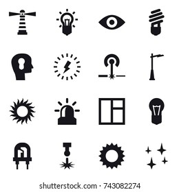 16 vector icon set : lighthouse, bulb, eye, bulb head, lightning, laser, outdoor light, sun, alarm, window, shining