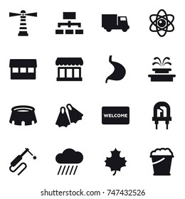 16 vector icon set : lighthouse, hierarchy, truck, atom, market, fountain, stadium, flippers, welcome mat, rain cloud, maple leaf, foam bucket